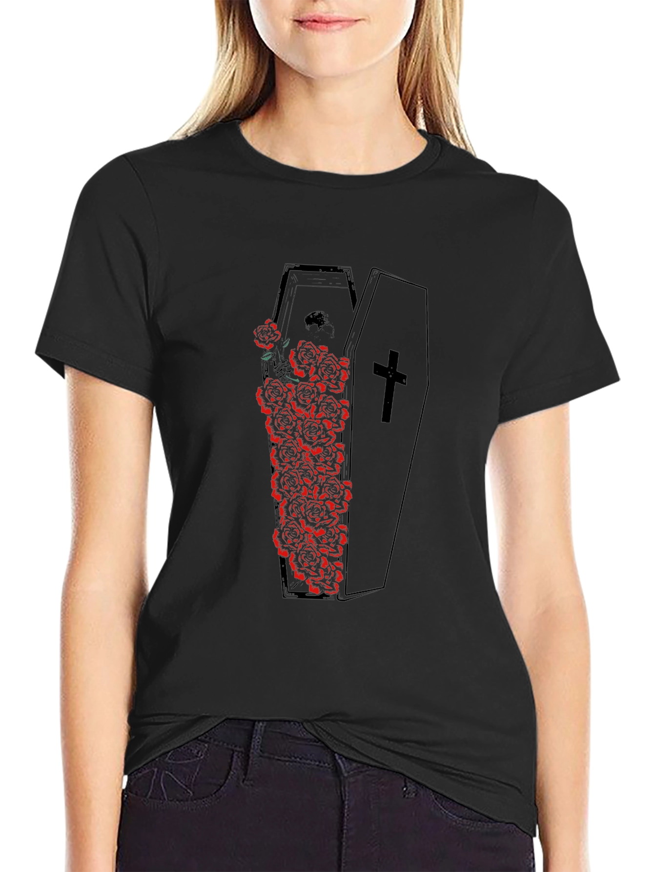 Gothic Coffin Roses Graphic Tee
