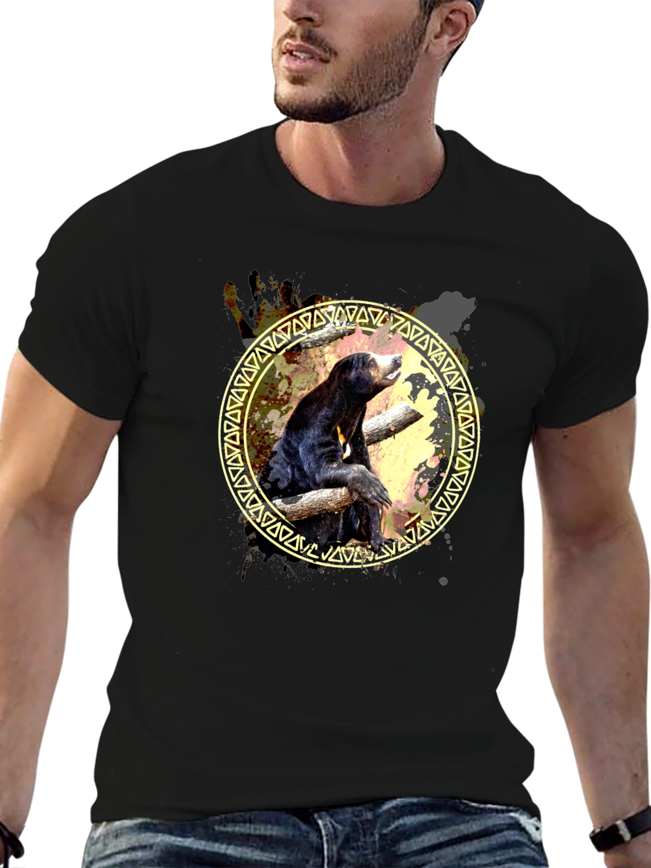 Sun Bear Graphic Print Tee - Black