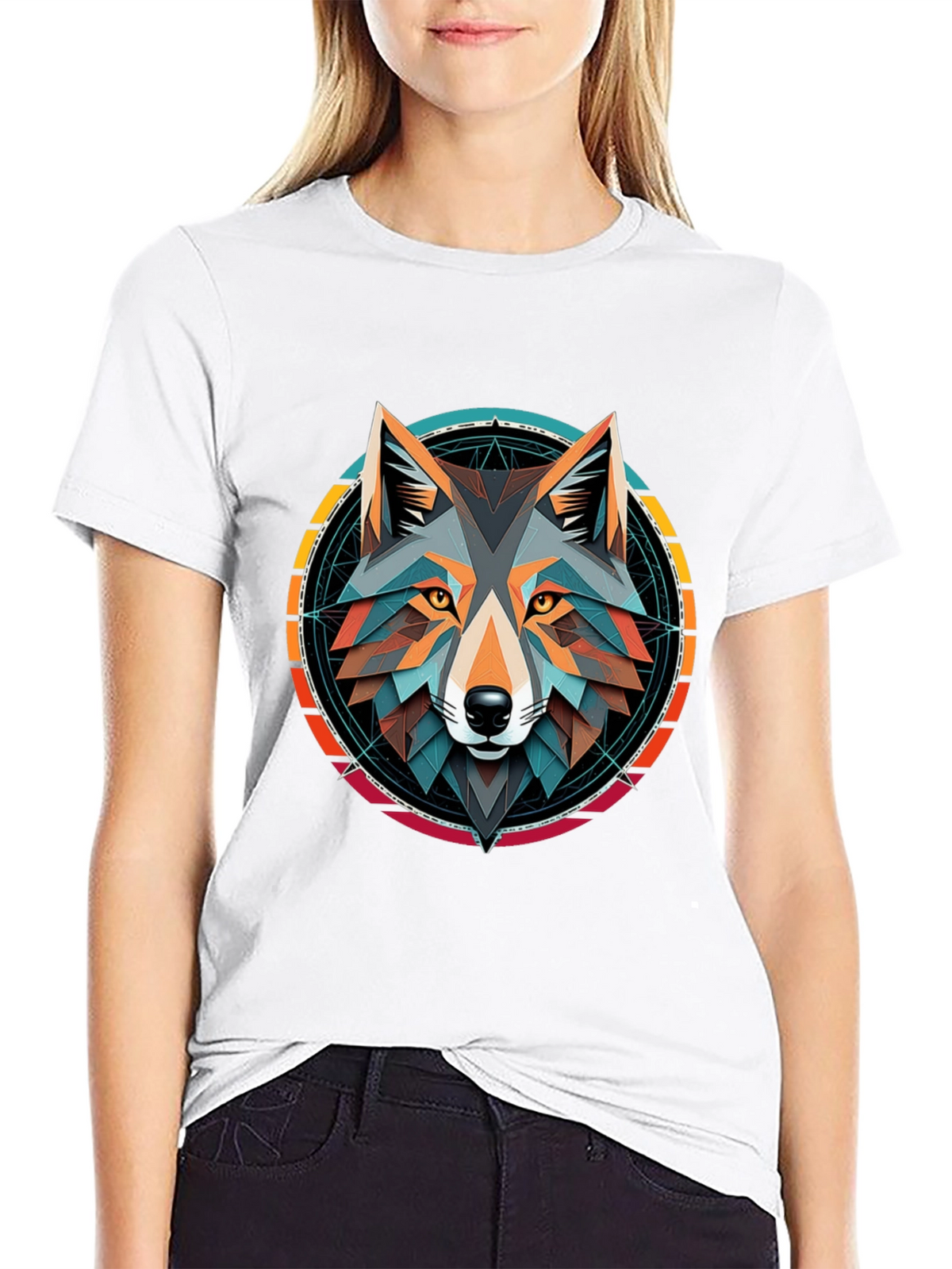 Geometric Wolf Head Graphic Tee - Stylish Unisex Design