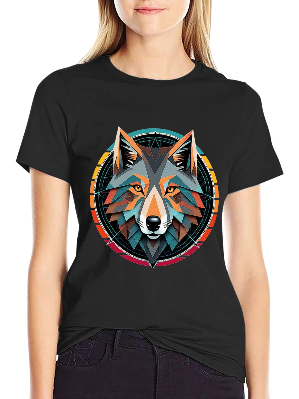 Geometric Wolf Head Graphic Tee - Stylish Unisex Design
