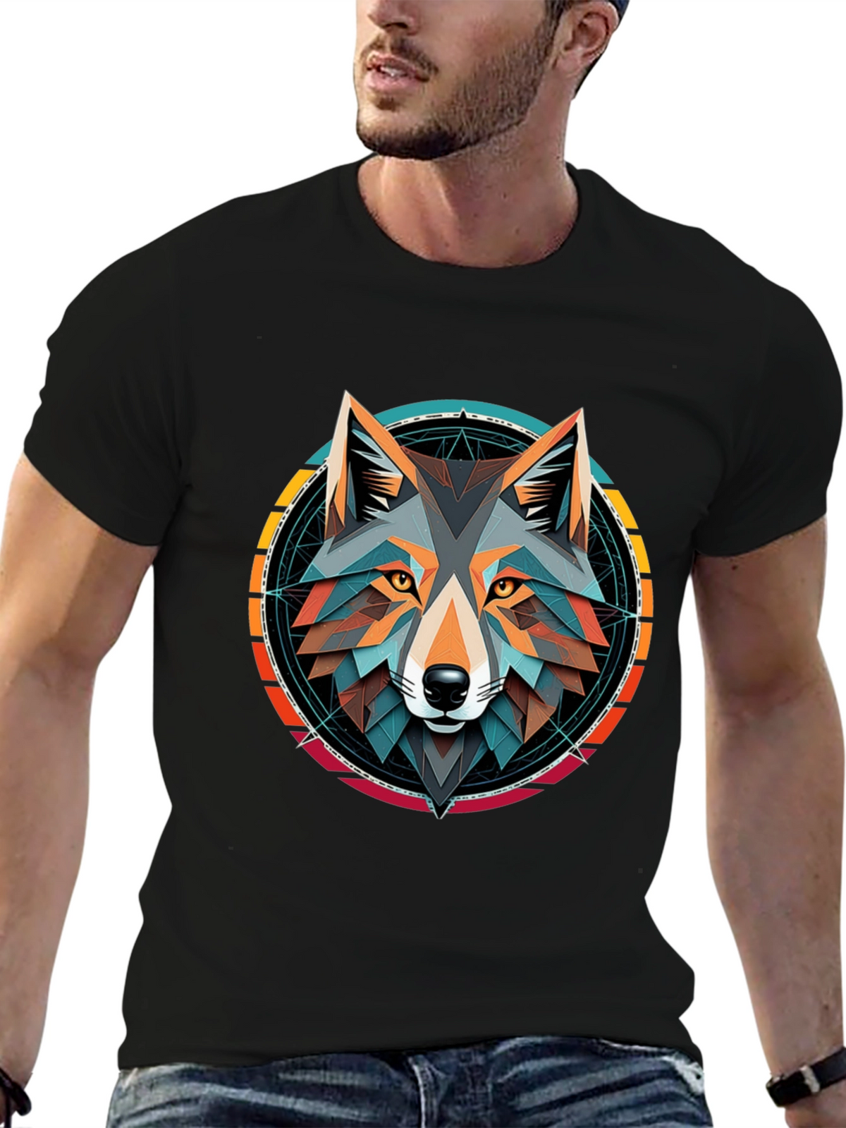 Geometric Wolf Head Graphic Tee - Stylish Unisex Design