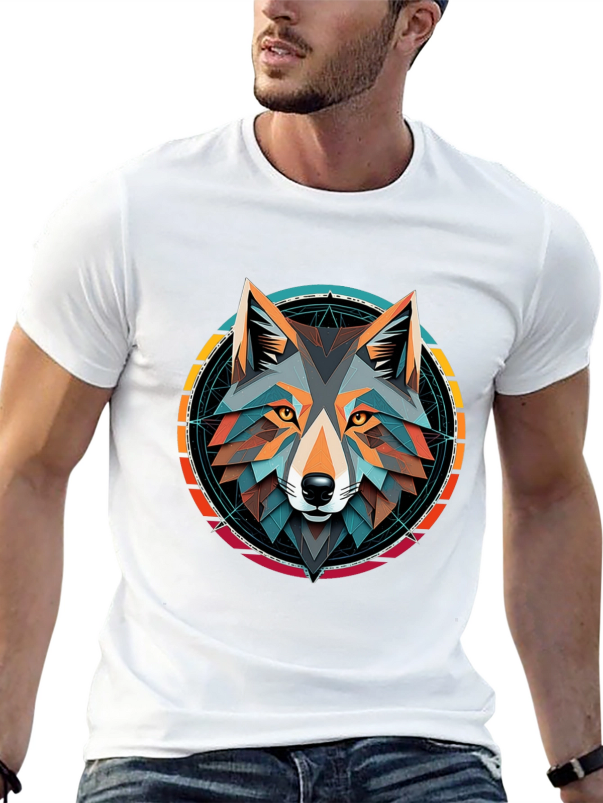 Geometric Wolf Head Graphic Tee - Stylish Unisex Design