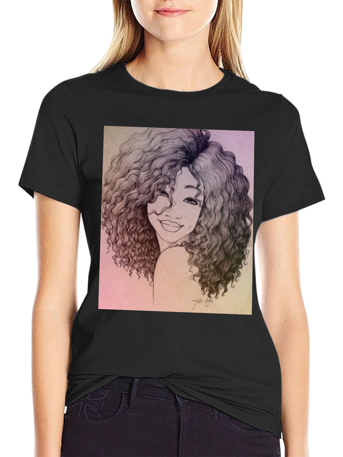 Curly Haired Portrait Graphic Black T-Shirt