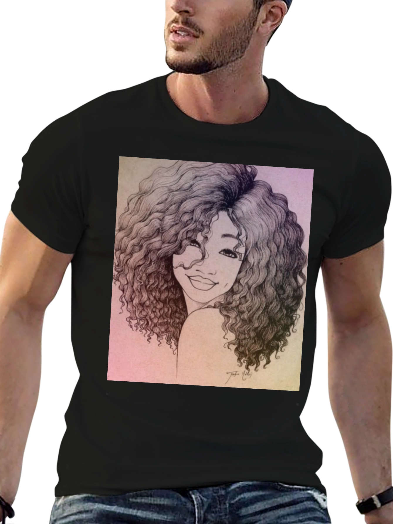 Curly Haired Portrait Graphic Black T-Shirt