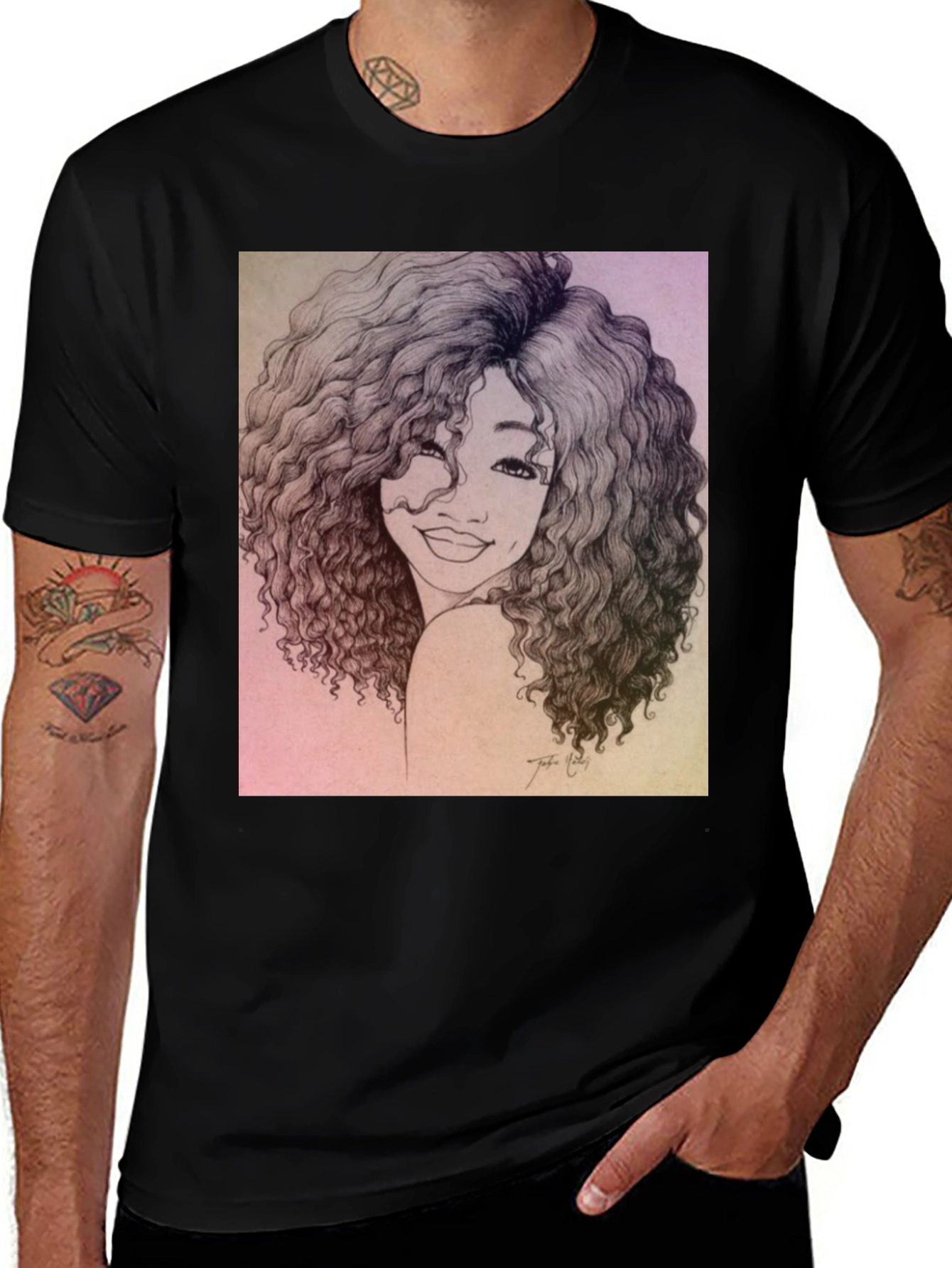 Curly Haired Portrait Graphic Black T-Shirt