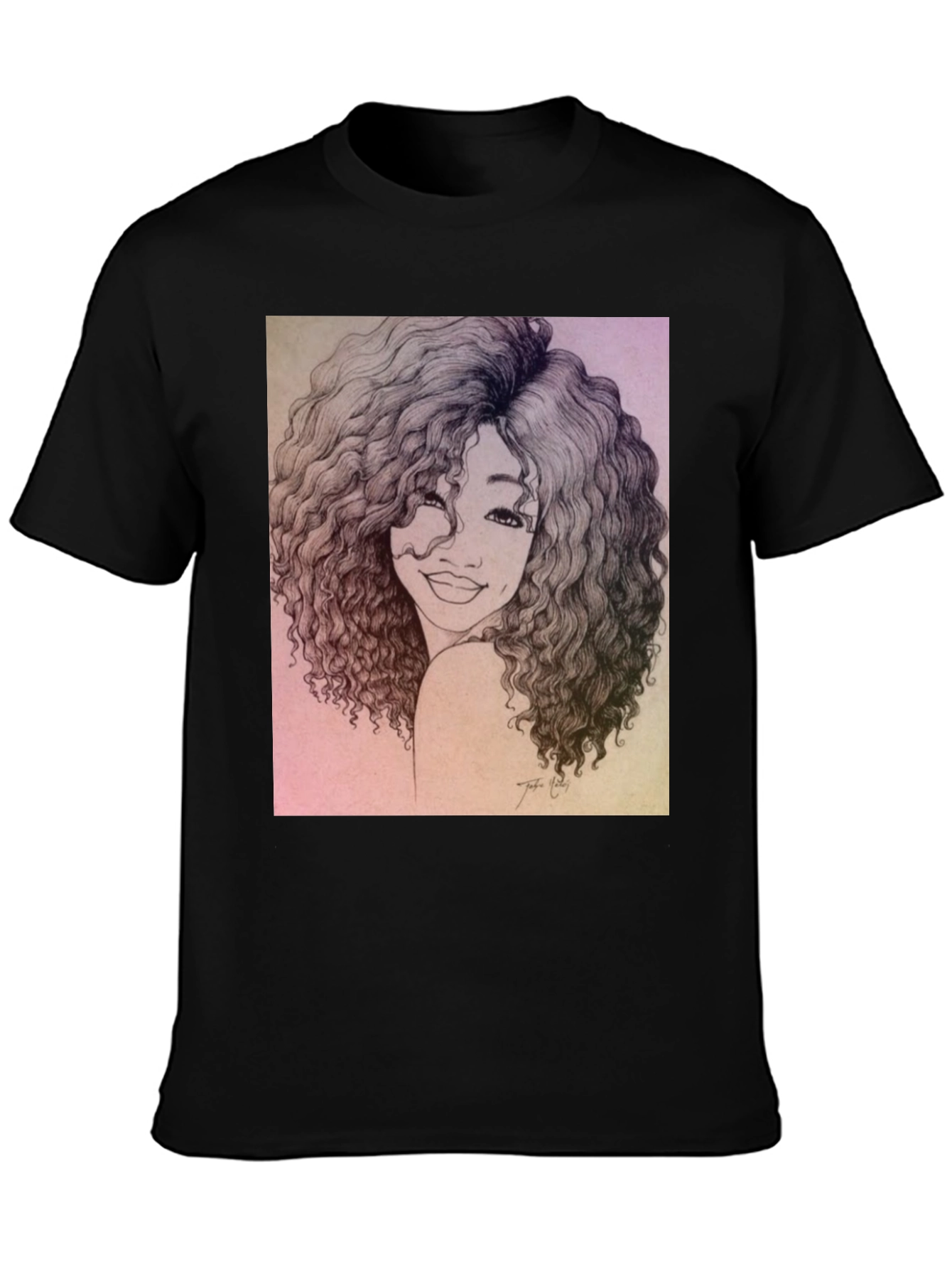Curly Haired Portrait Graphic Black T-Shirt