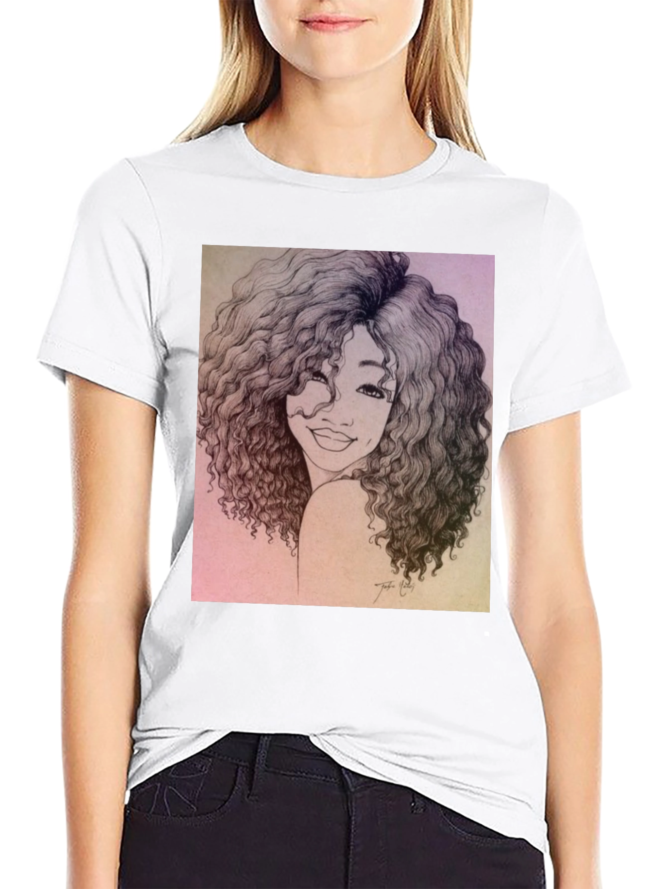 Curly Haired Portrait Graphic Black T-Shirt