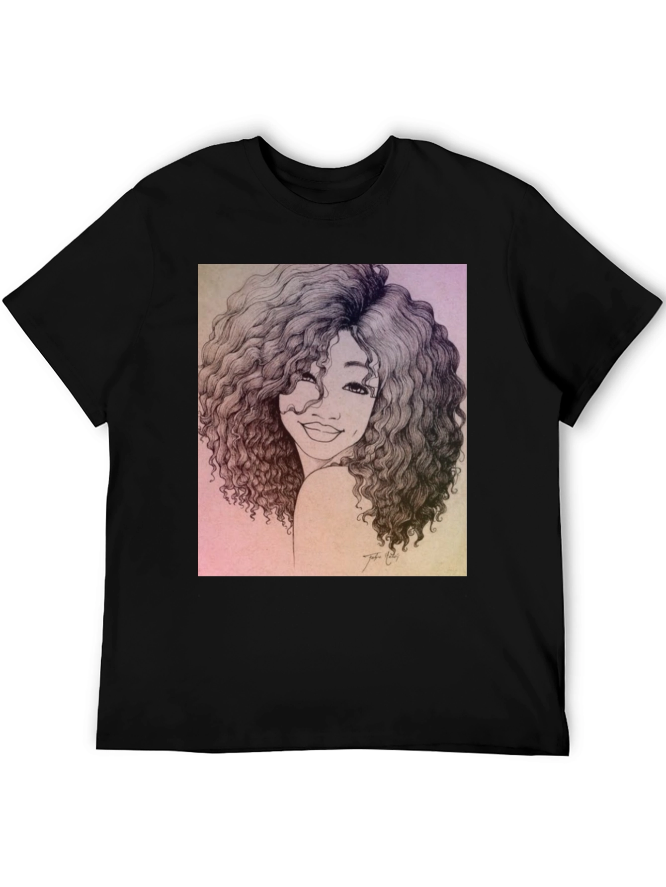 Curly Haired Portrait Graphic Black T-Shirt