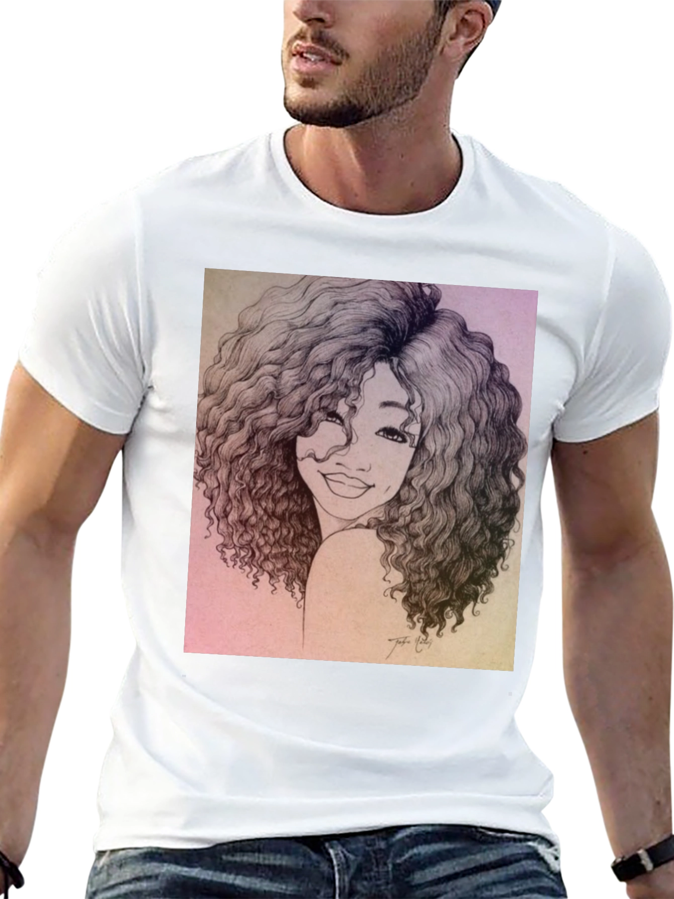 Curly Haired Portrait Graphic Black T-Shirt