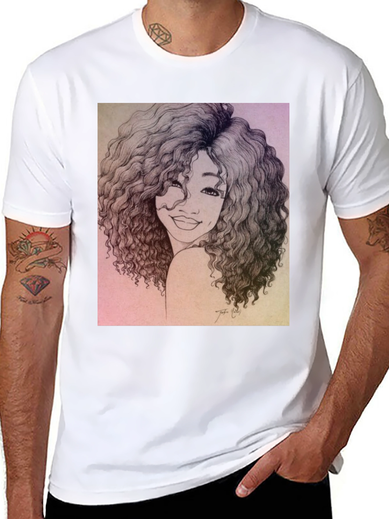 Curly Haired Portrait Graphic Black T-Shirt