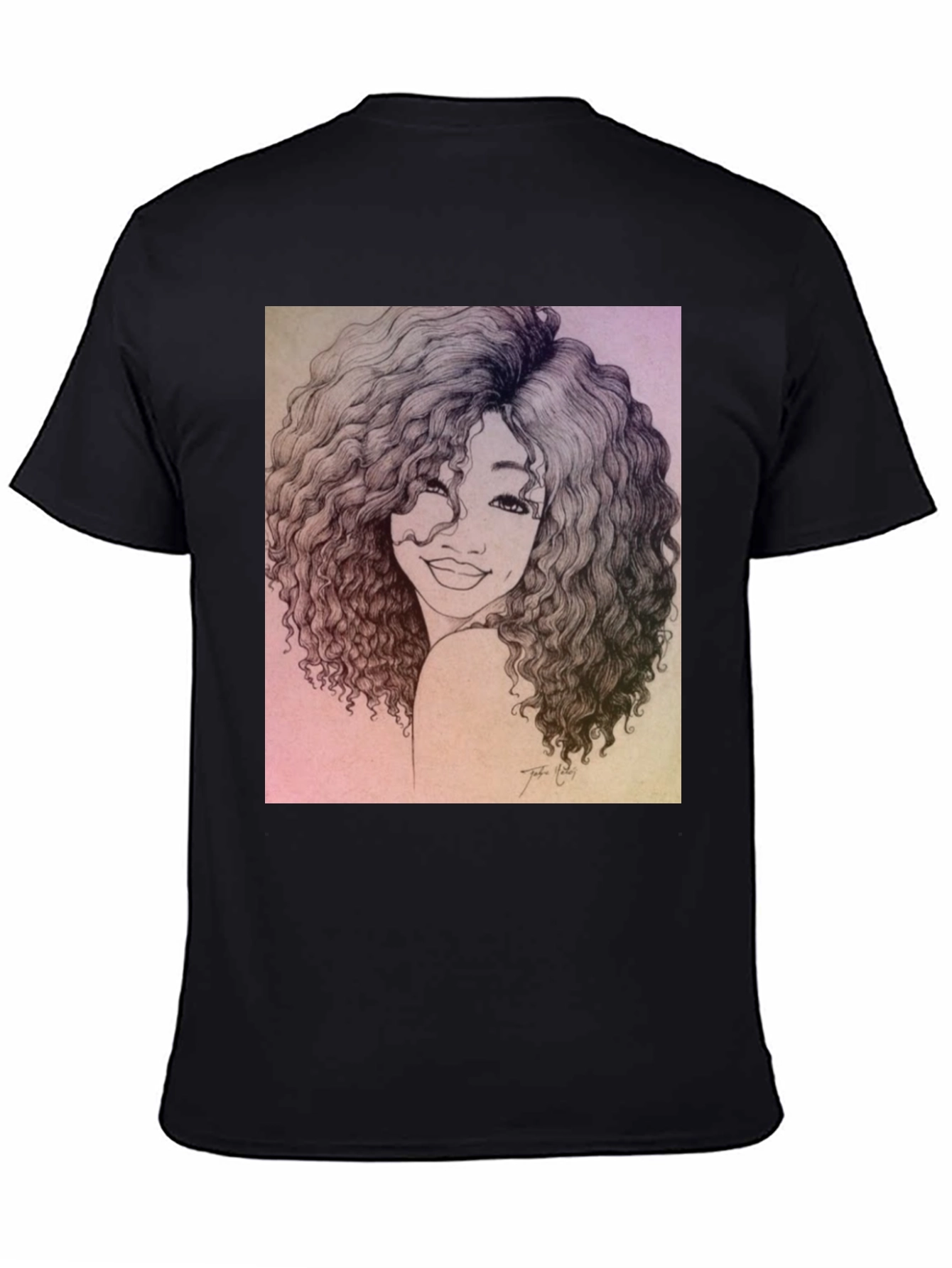Curly Haired Portrait Graphic Black T-Shirt