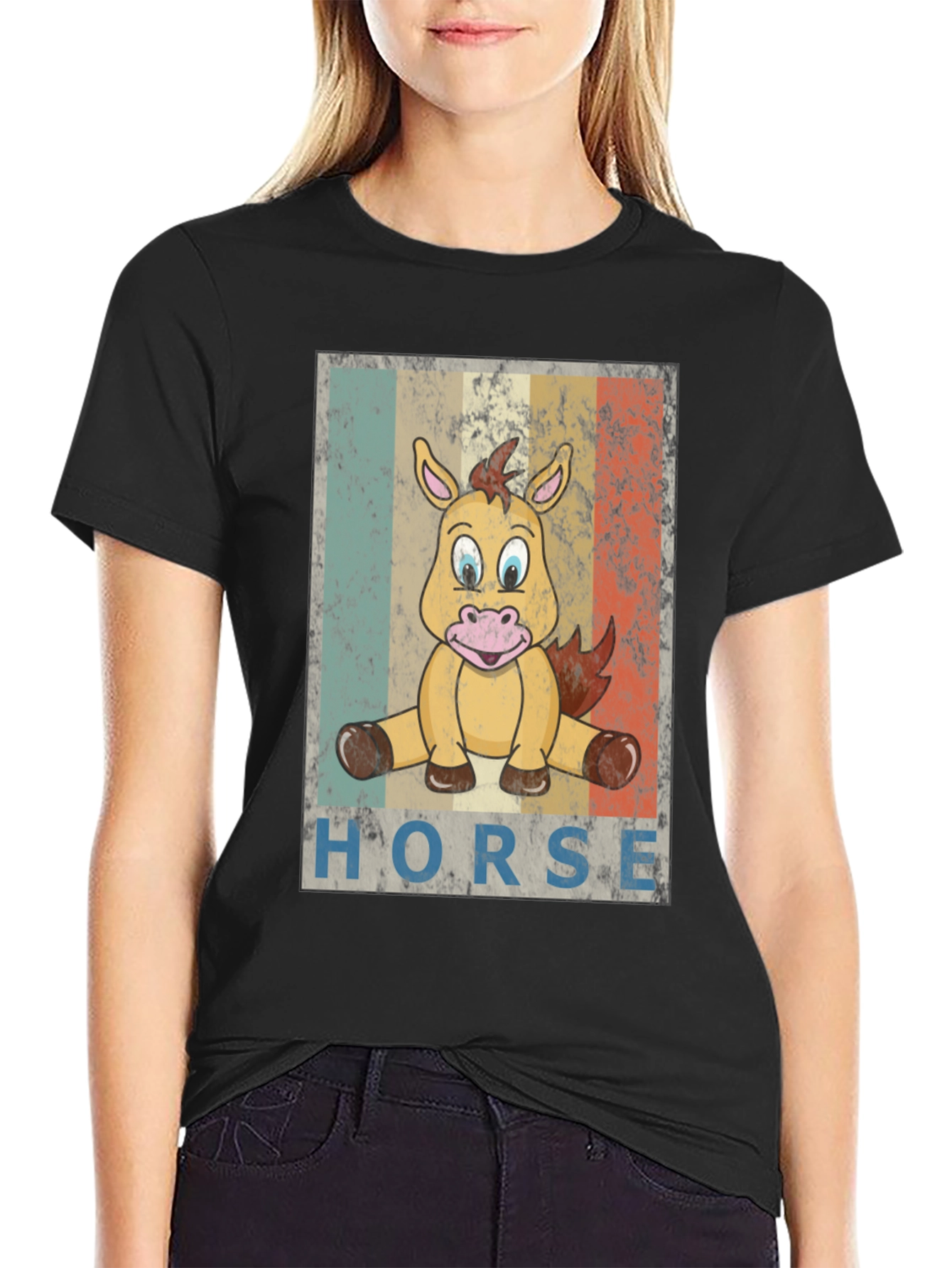 Cartoon Horse Graphic Tee - Unisex Black T-Shirt