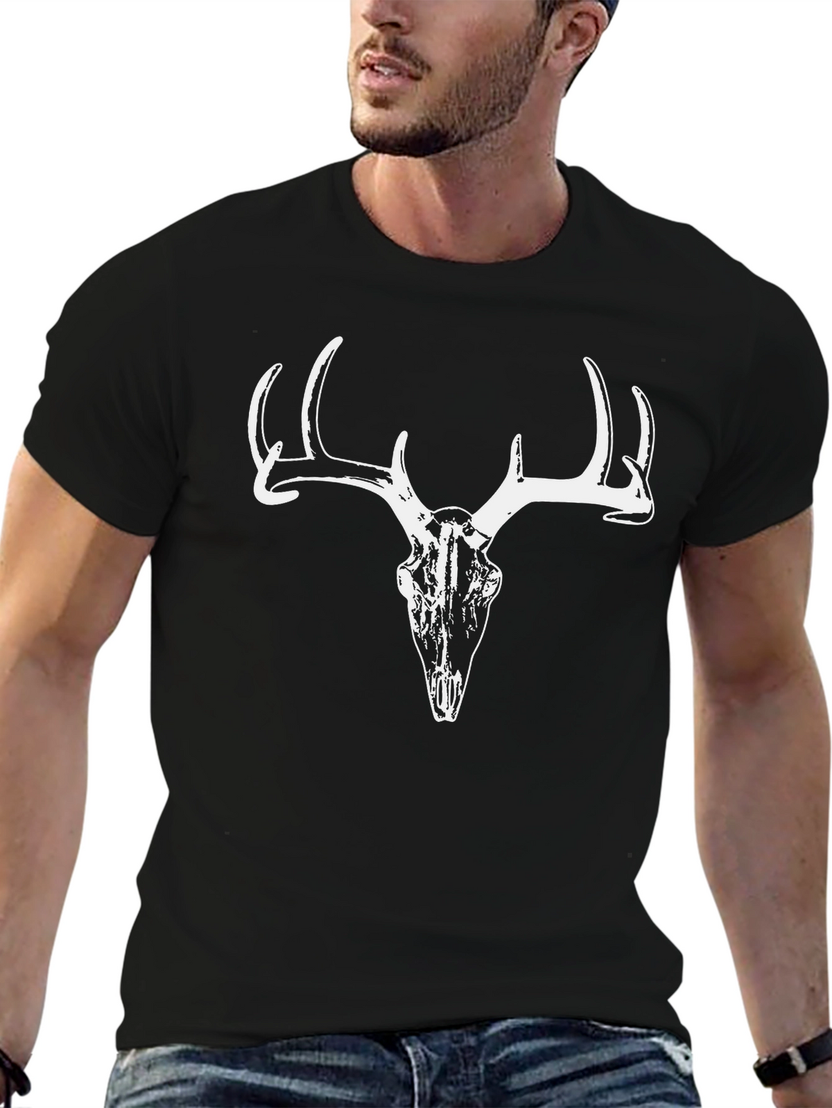 Deer Skull Graphic Tee - Black Cotton T-Shirt