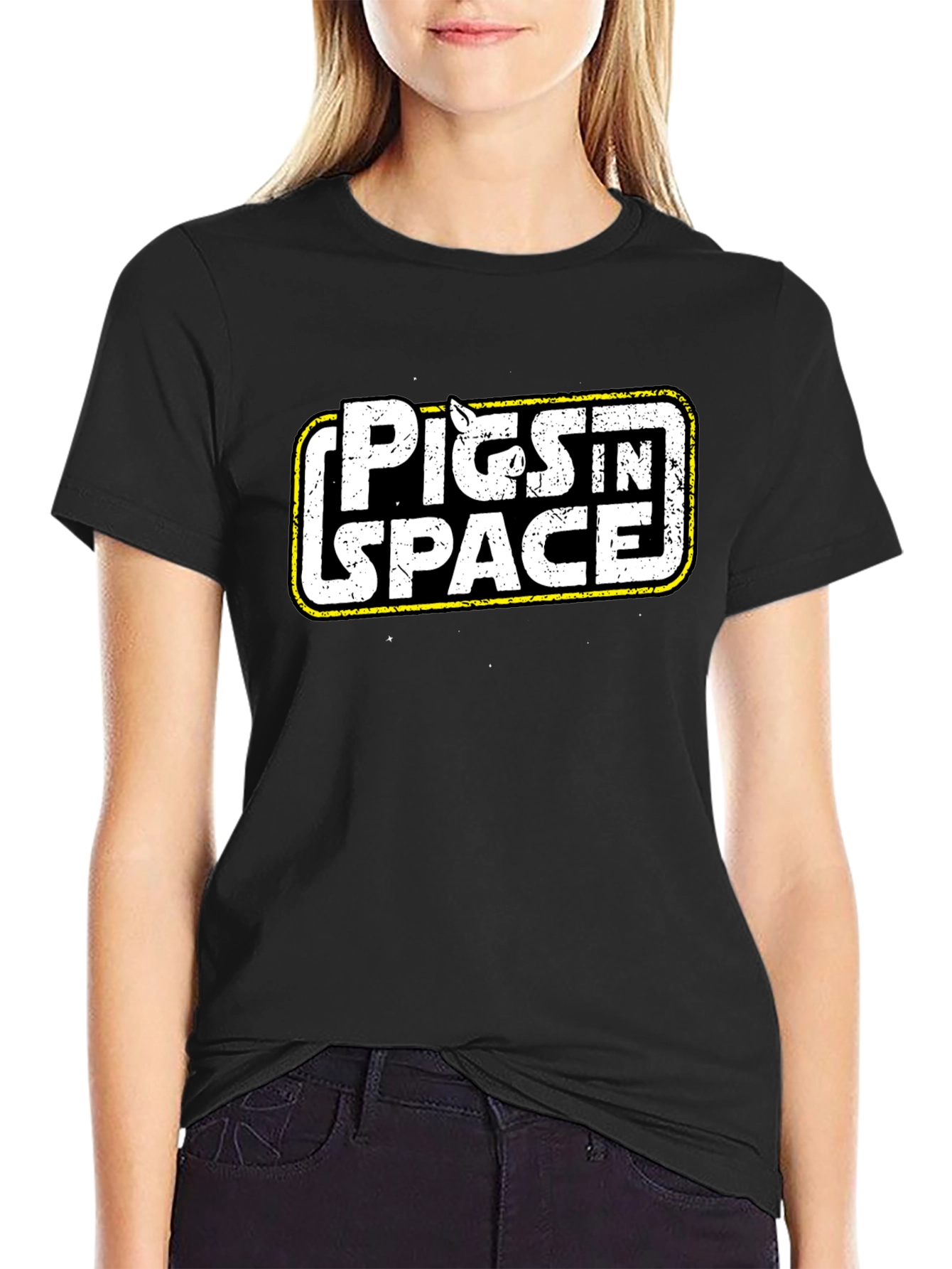 Pigs in Space Graphic T-Shirt - Black Cotton Blend