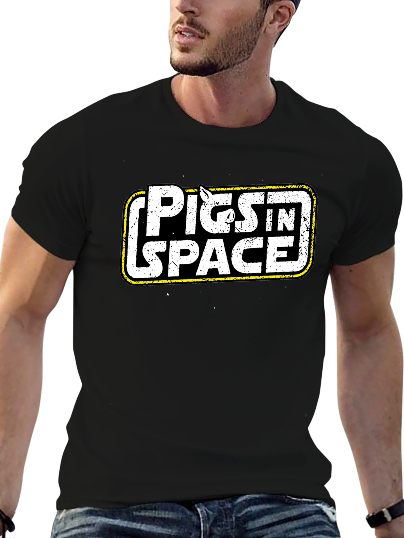 Pigs in Space Graphic T-Shirt - Black Cotton Blend