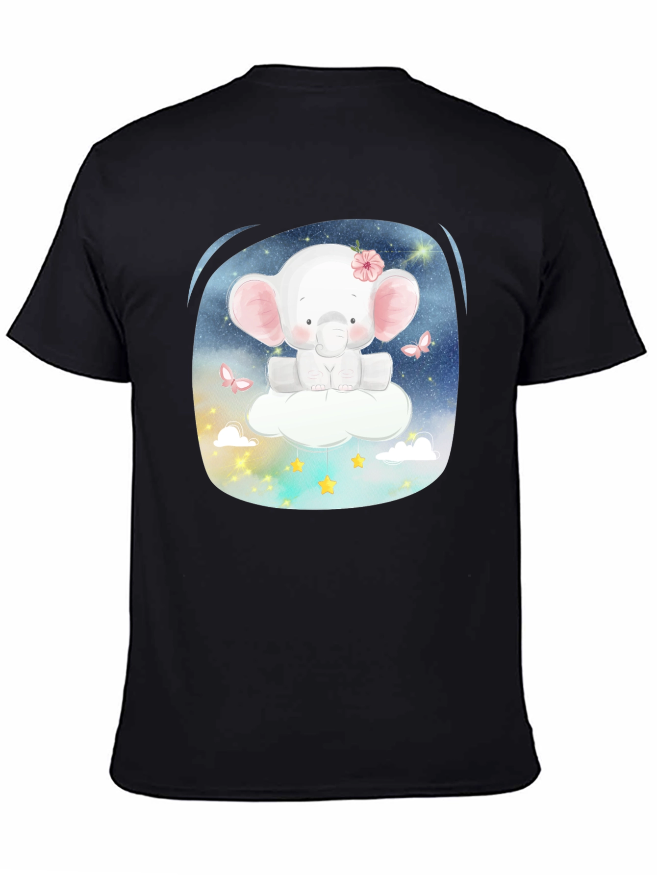 Cute Elephant on Cloud T-Shirt - Black