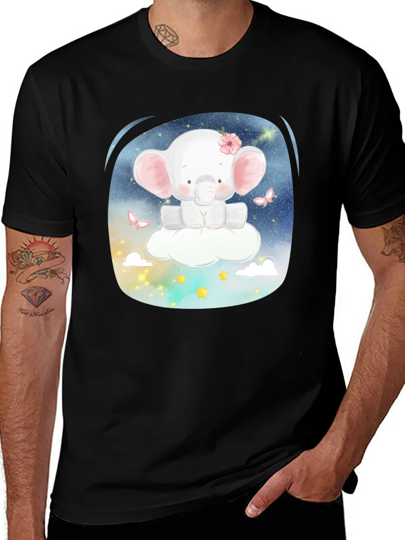 Cute Elephant on Cloud T-Shirt - Black