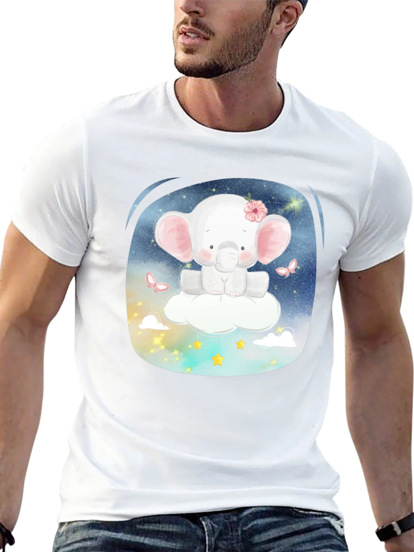 Cute Elephant on Cloud T-Shirt - Black