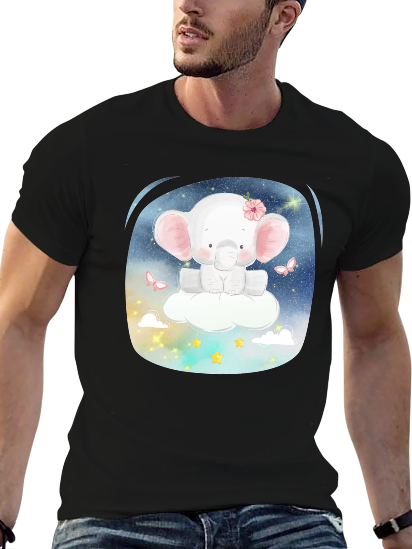 Cute Elephant on Cloud T-Shirt - Black