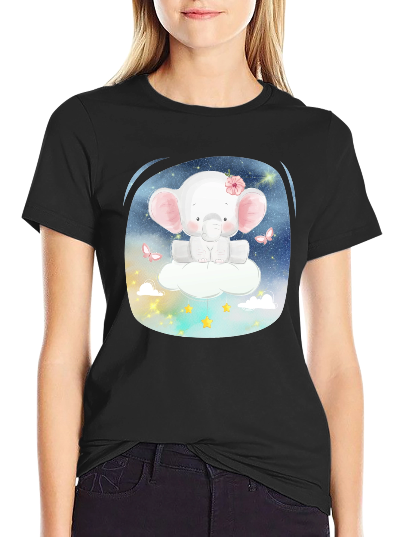Cute Elephant on Cloud T-Shirt - Black