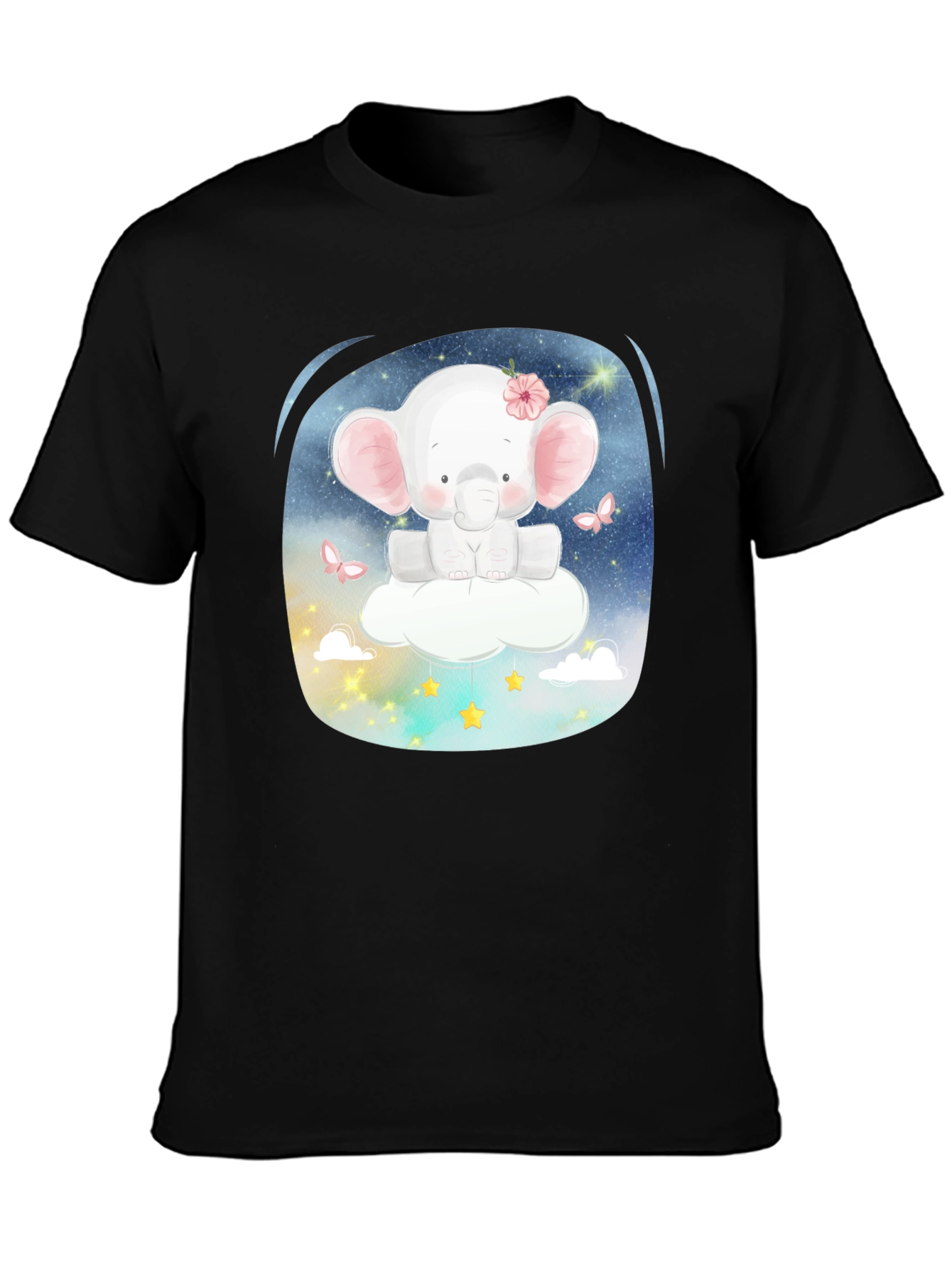 Cute Elephant on Cloud T-Shirt - Black