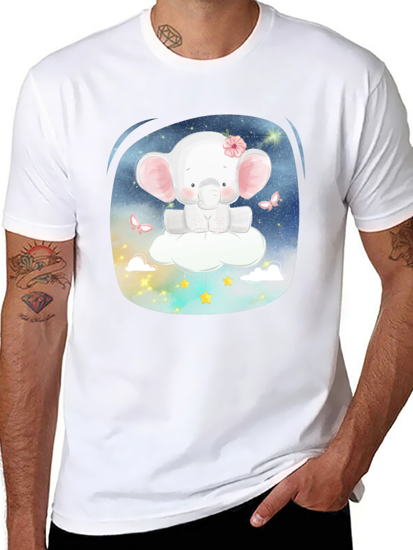 Cute Elephant on Cloud T-Shirt - Black