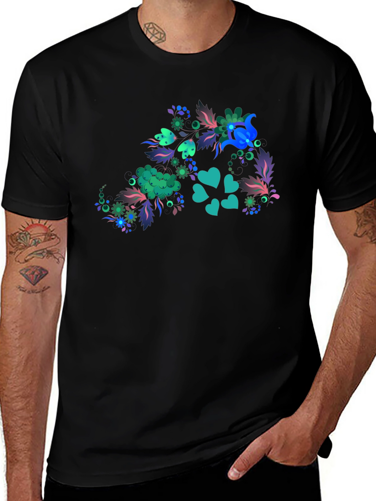 Floral Heart Tee - Mens Black T-Shirt