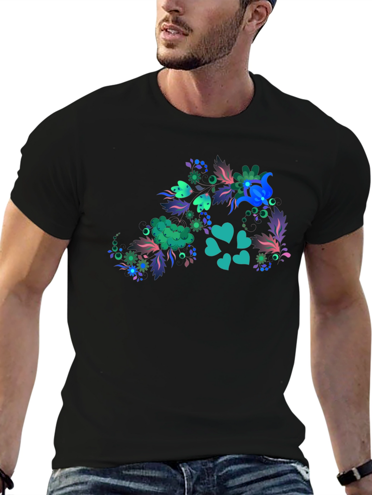 Floral Heart Tee - Mens Black T-Shirt