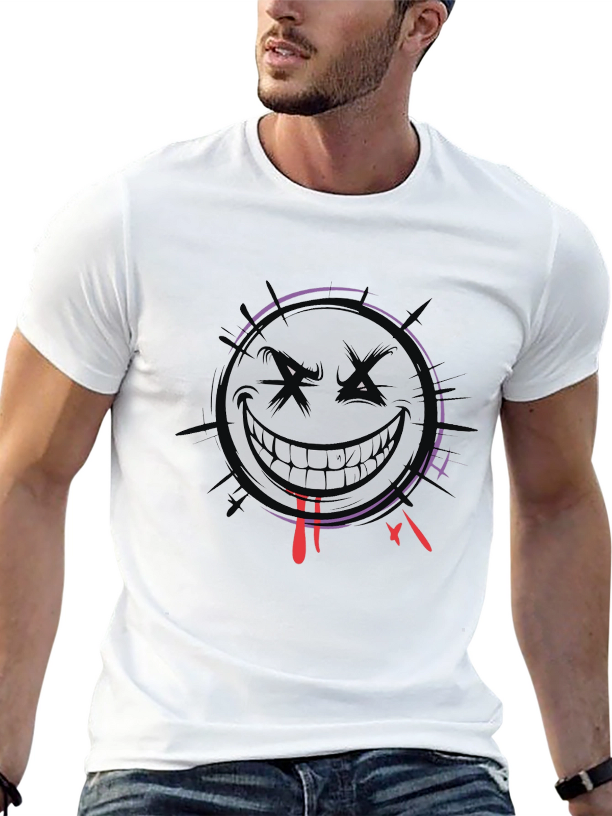 Mens Black Graphic Tee - Evil Smiley Face Design