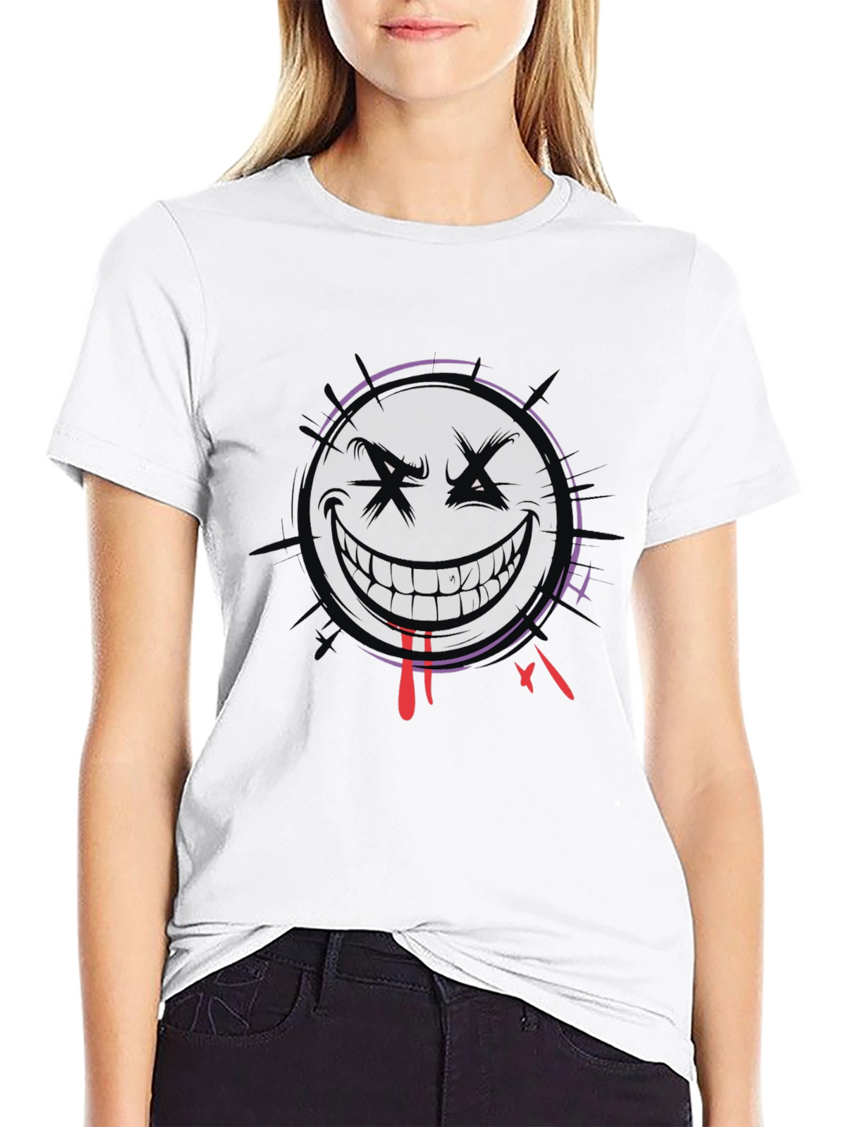 Mens Black Graphic Tee - Evil Smiley Face Design