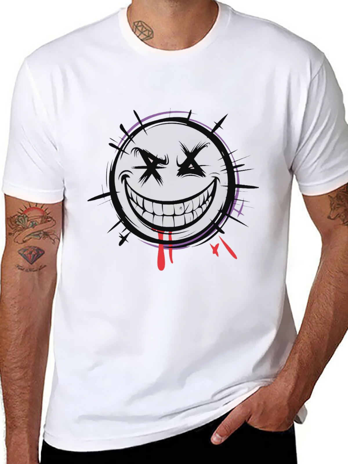 Mens Black Graphic Tee - Evil Smiley Face Design