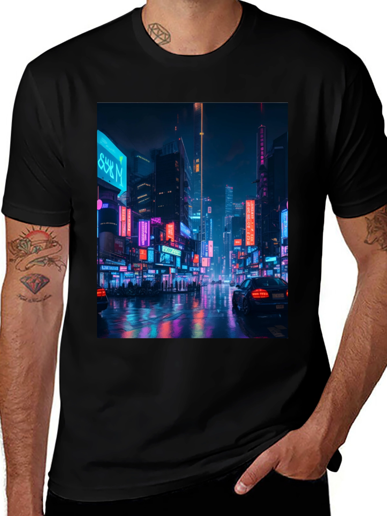 Cyberpunk Cityscape Graphic Tee - Mens Black T-Shirt