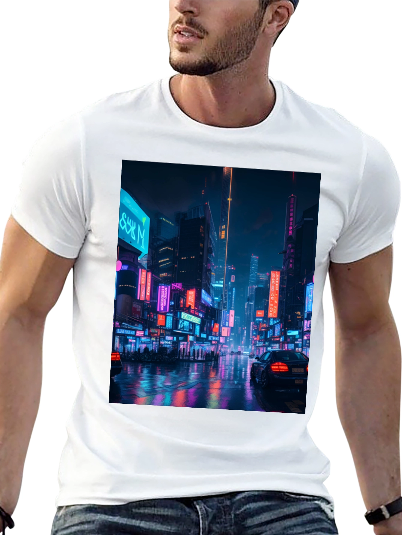 Cyberpunk Cityscape Graphic Tee - Mens Black T-Shirt