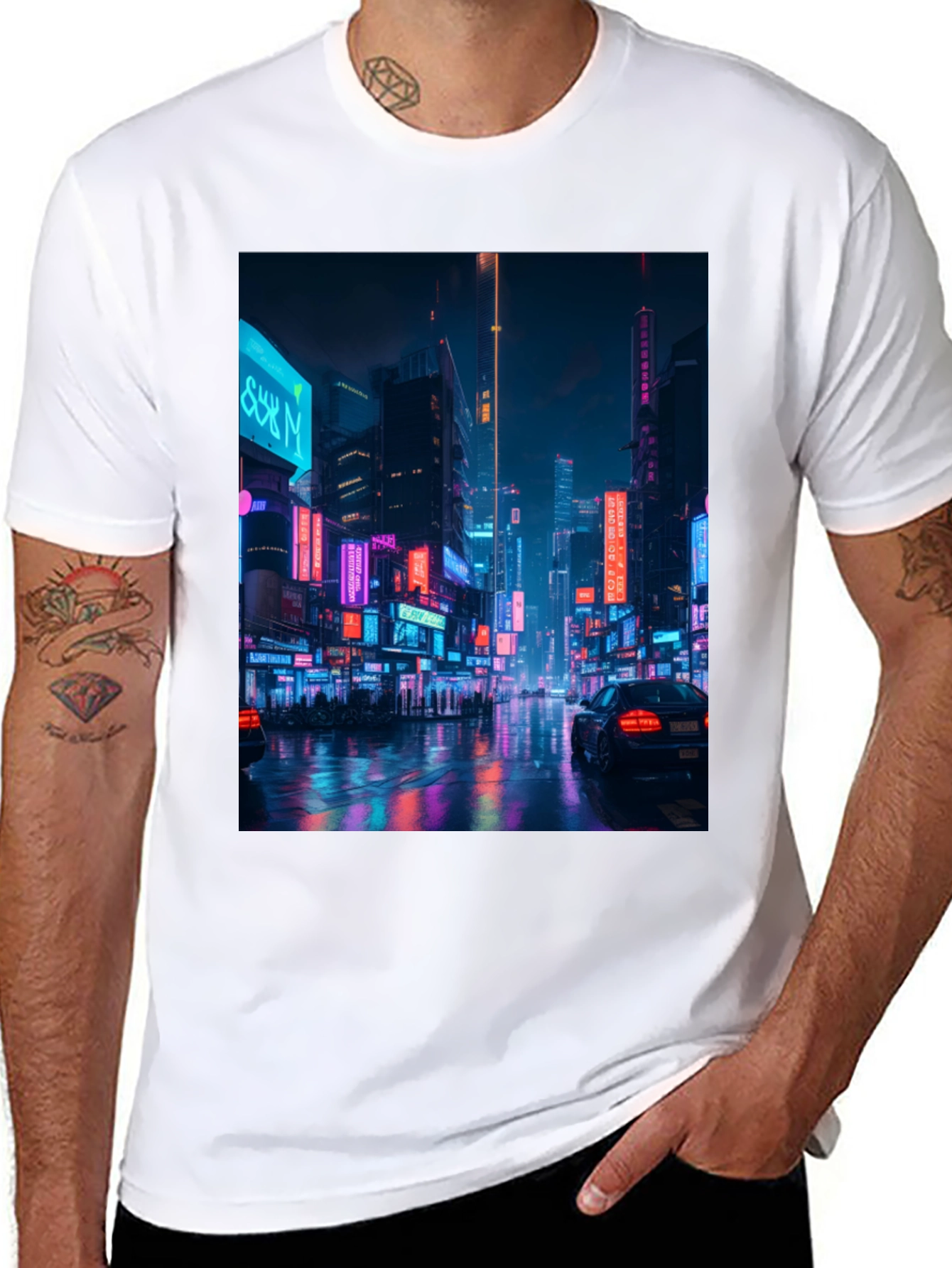 Cyberpunk Cityscape Graphic Tee - Mens Black T-Shirt
