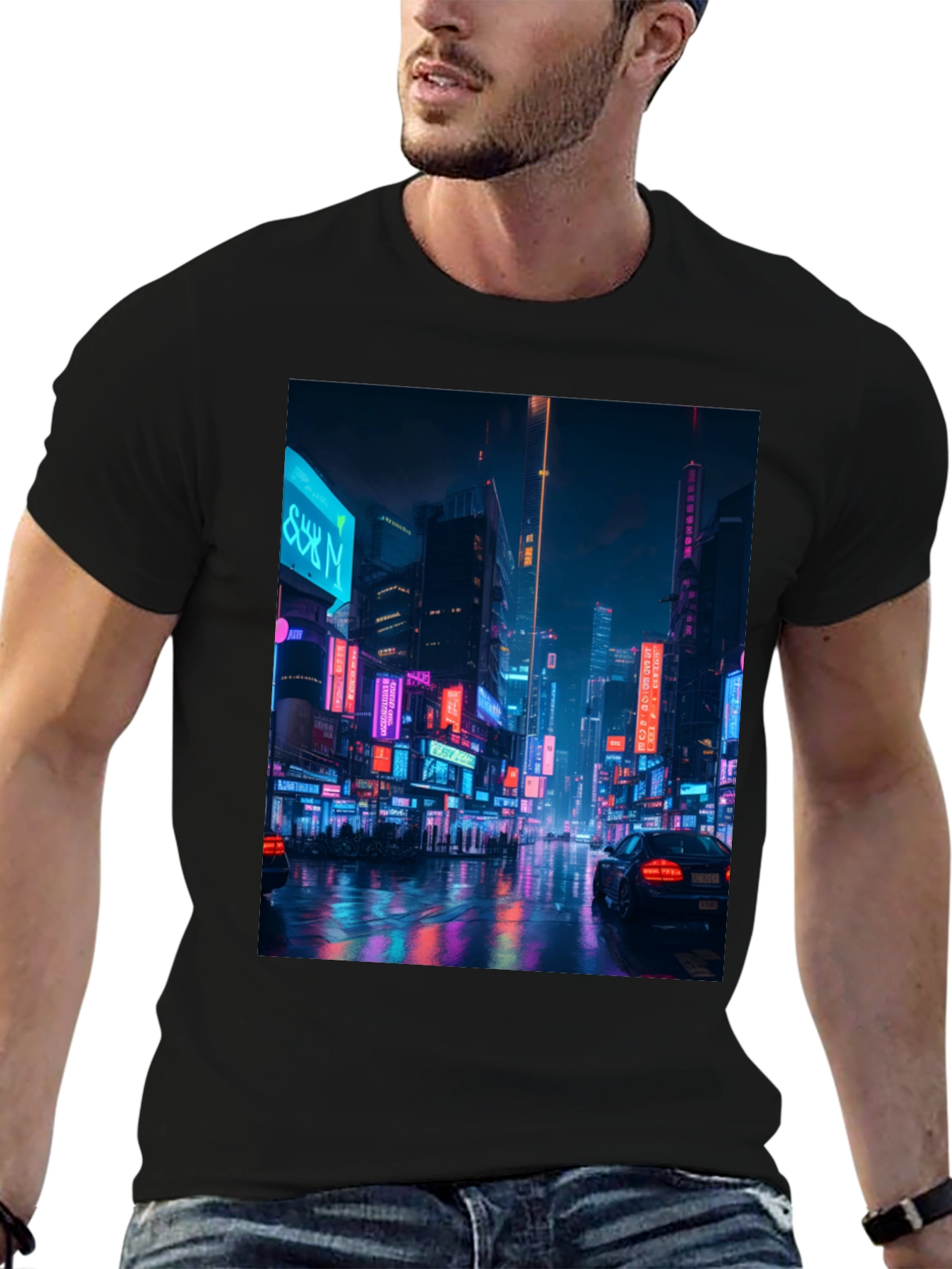 Cyberpunk Cityscape Graphic Tee - Mens Black T-Shirt