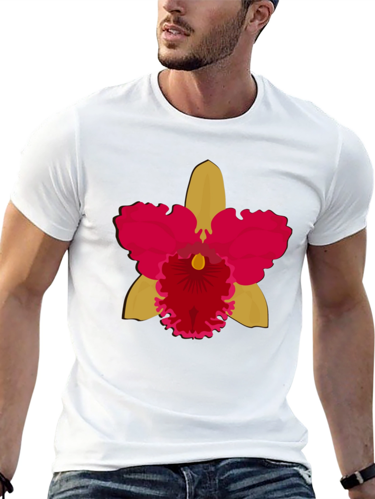 Black T-shirt with Bold Orchid Flower Design