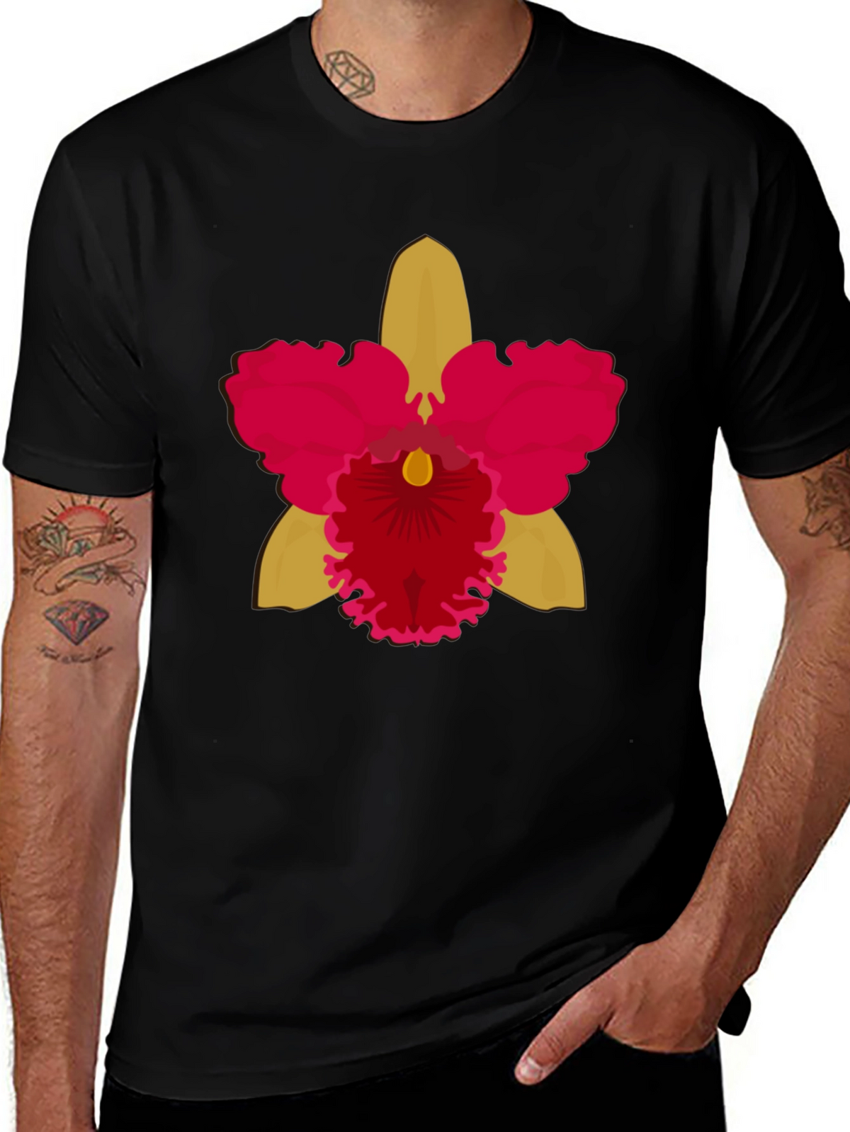 Black T-shirt with Bold Orchid Flower Design