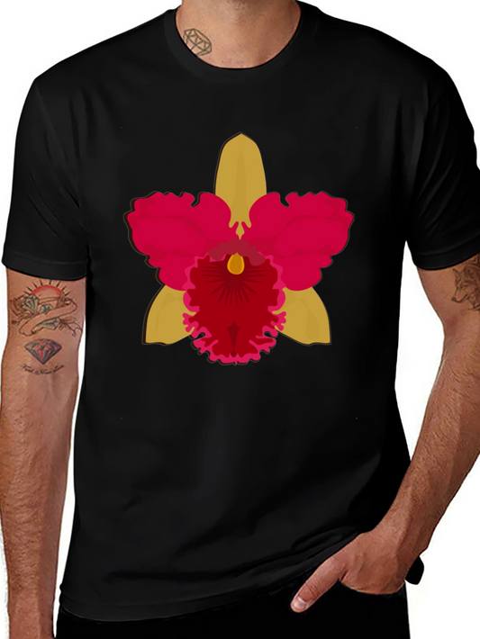 Black T-shirt with Bold Orchid Flower Design
