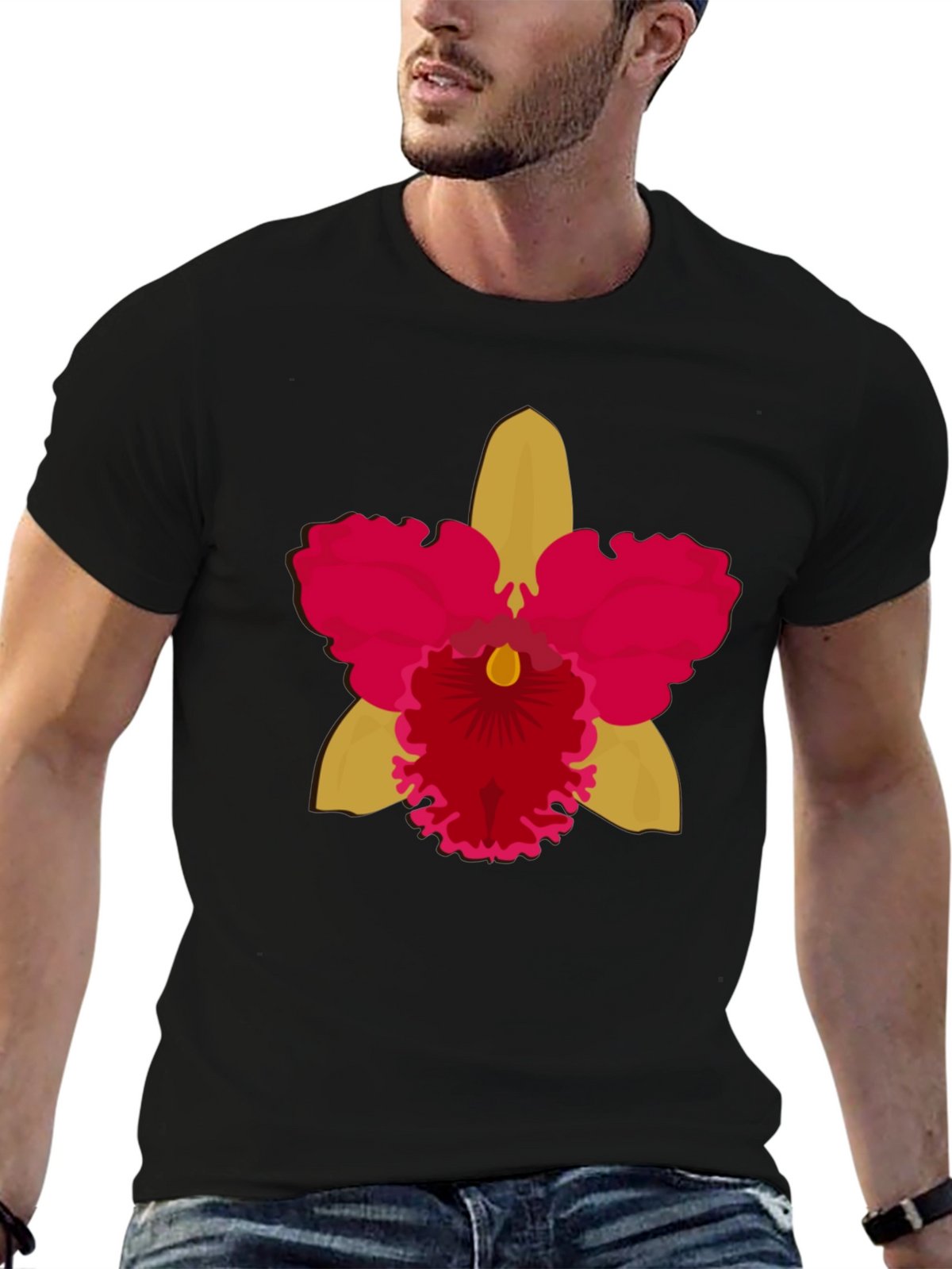 Black T-shirt with Bold Orchid Flower Design