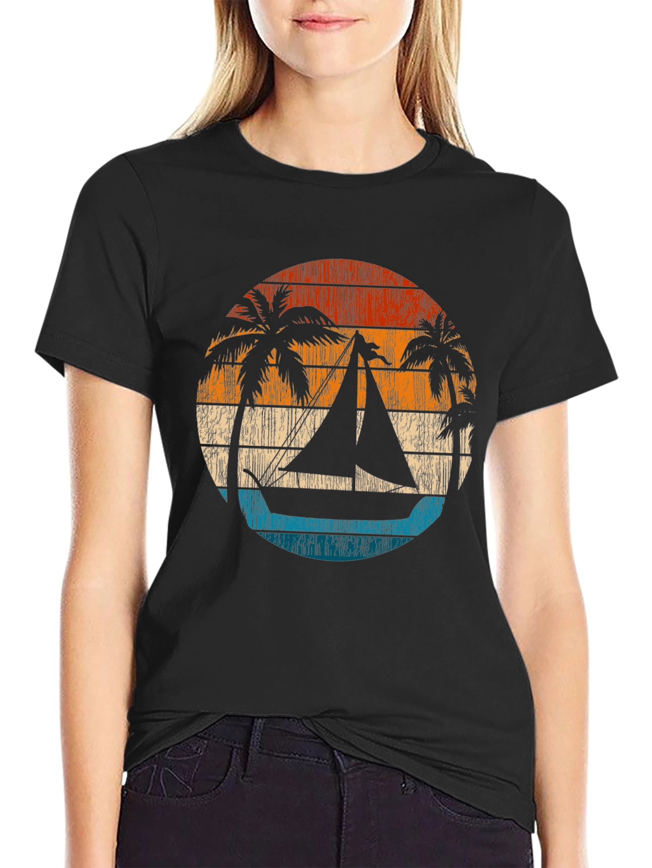 Retro Sunset Sailboat Graphic T-Shirt