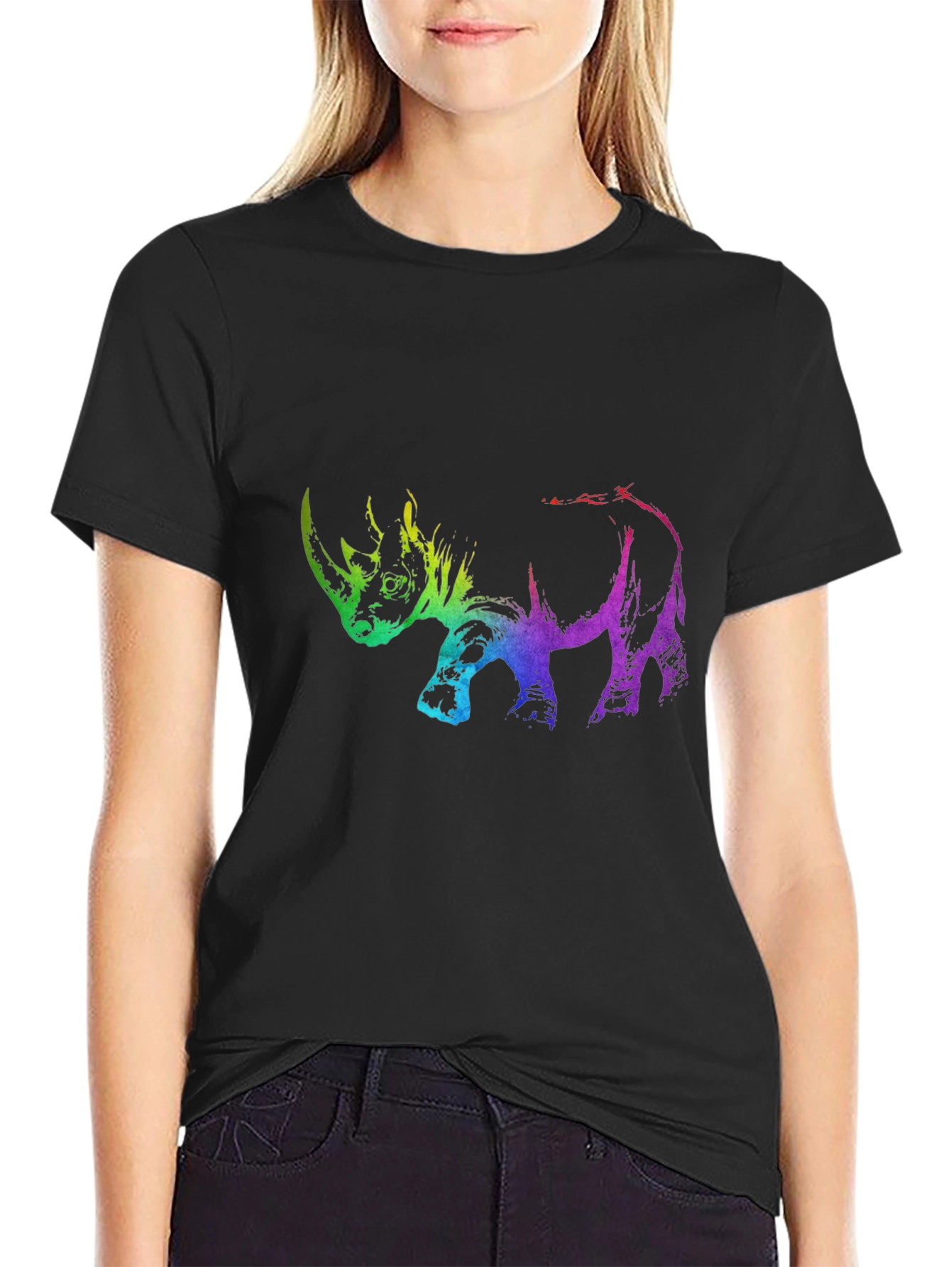 Rainbow Rhino Graphic Tee - Black Cotton T-Shirt