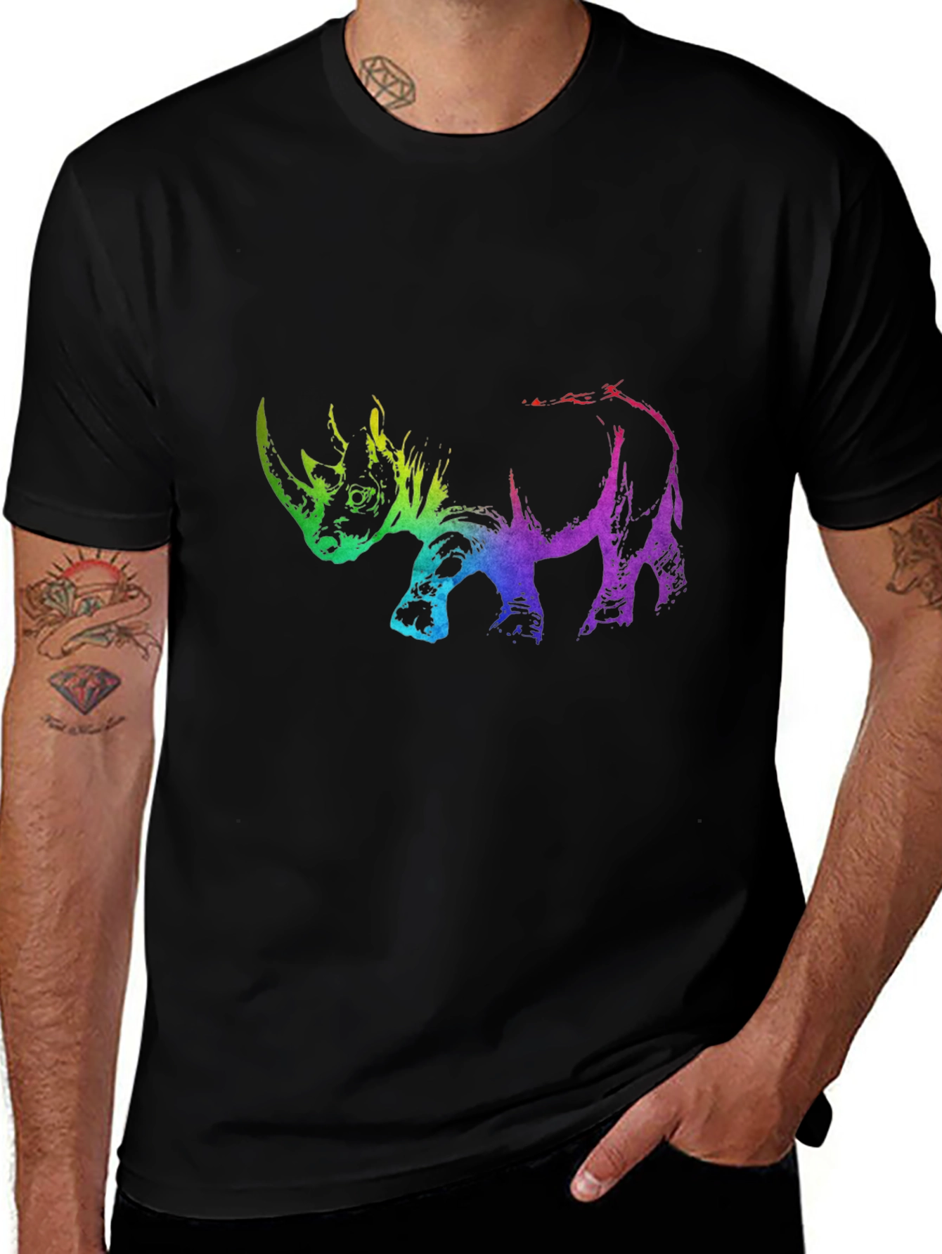 Rainbow Rhino Graphic Tee - Black Cotton T-Shirt