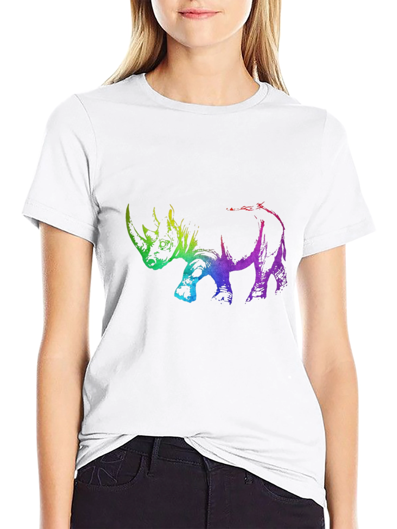 Rainbow Rhino Graphic Tee - Black Cotton T-Shirt