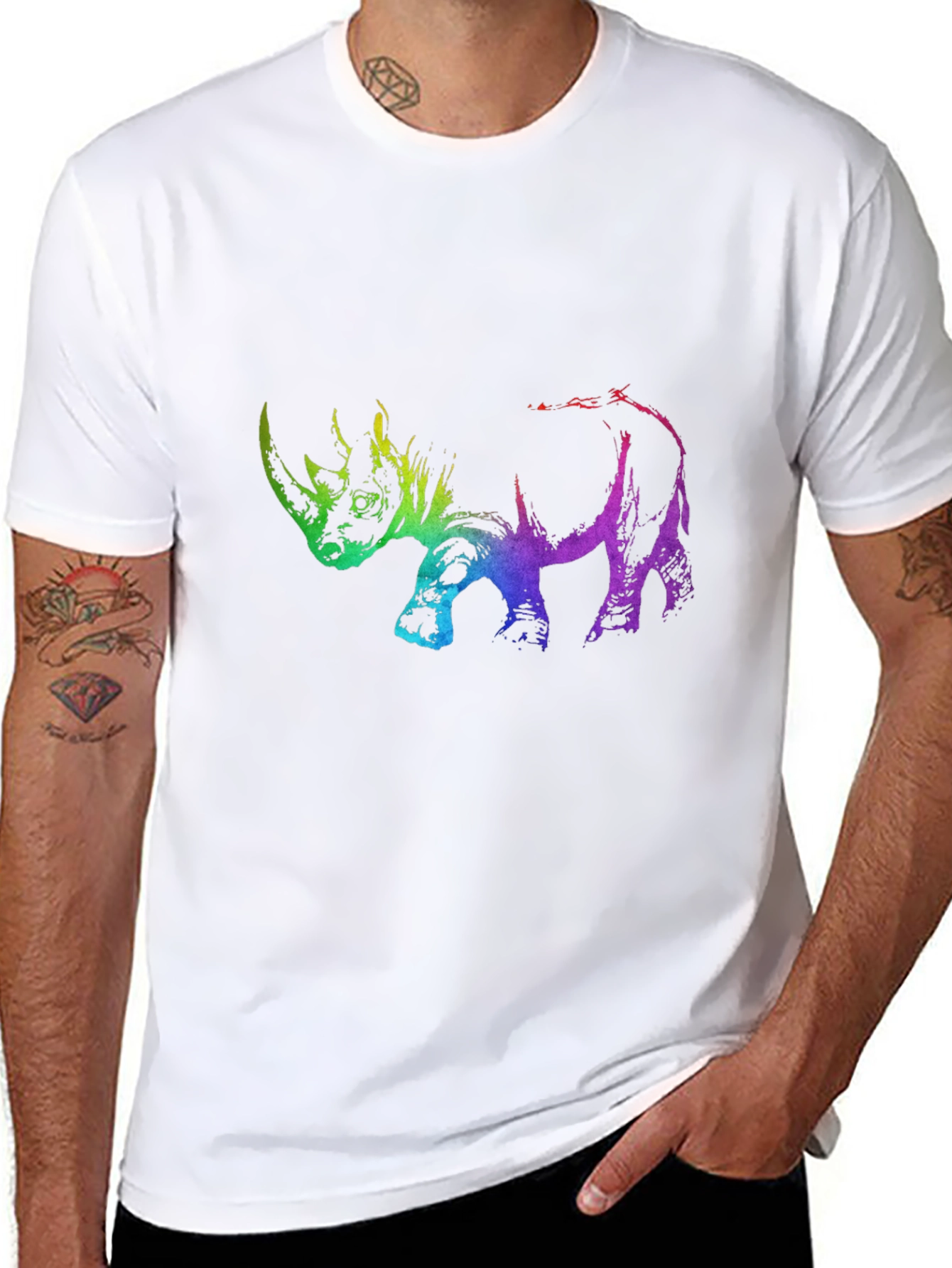 Rainbow Rhino Graphic Tee - Black Cotton T-Shirt