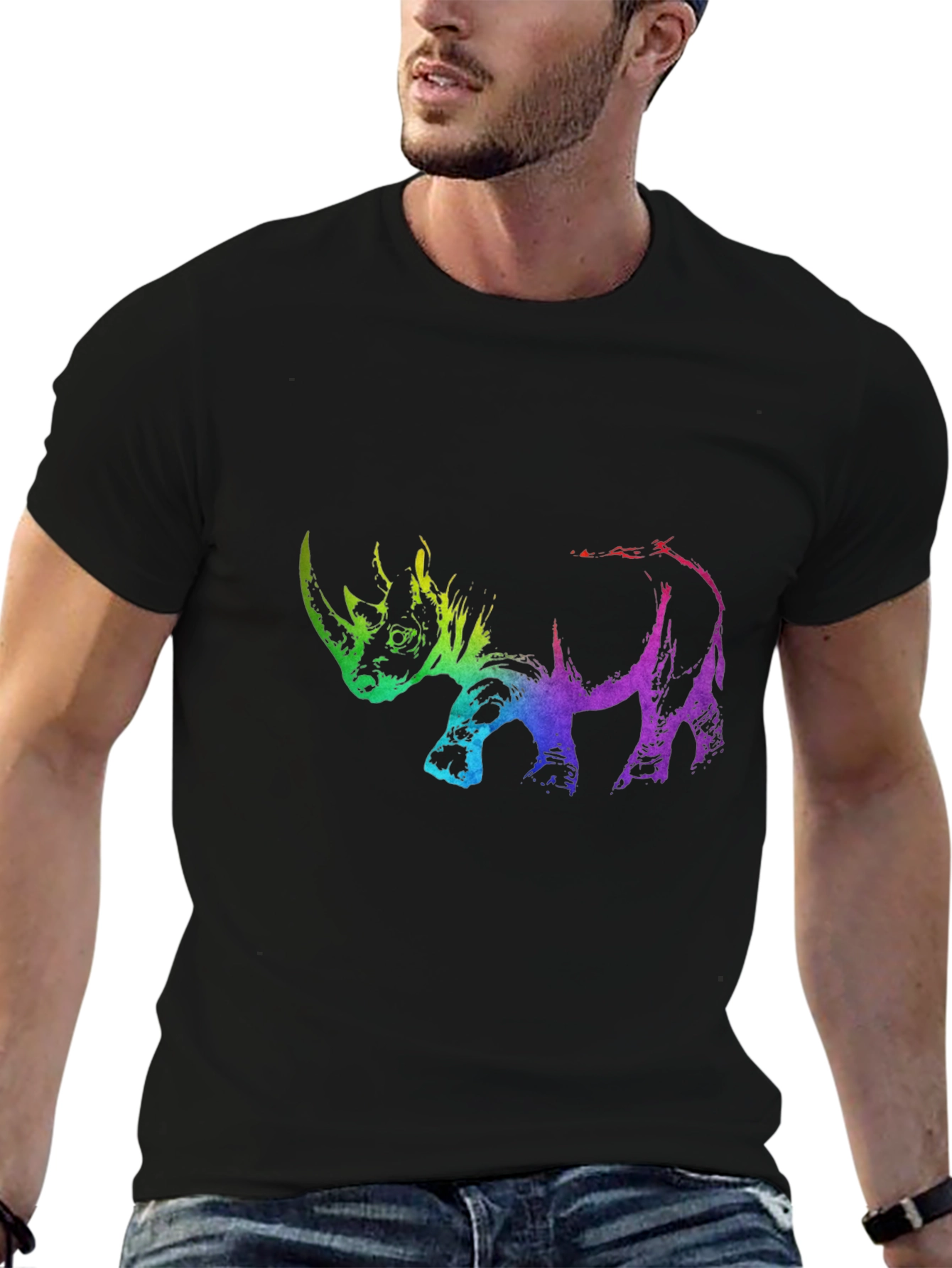Rainbow Rhino Graphic Tee - Black Cotton T-Shirt