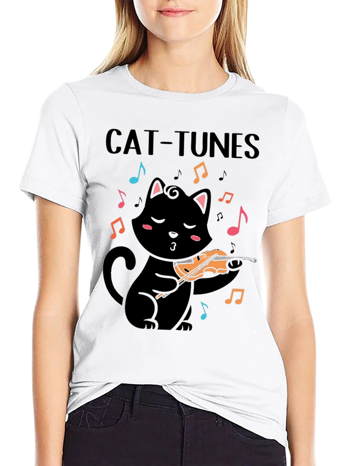 Cat-Tunes Black T-Shirt: Feline Violinist