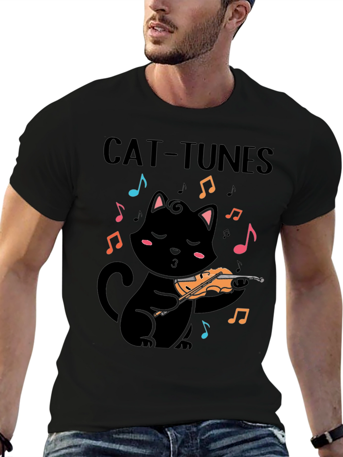 Cat-Tunes Black T-Shirt: Feline Violinist