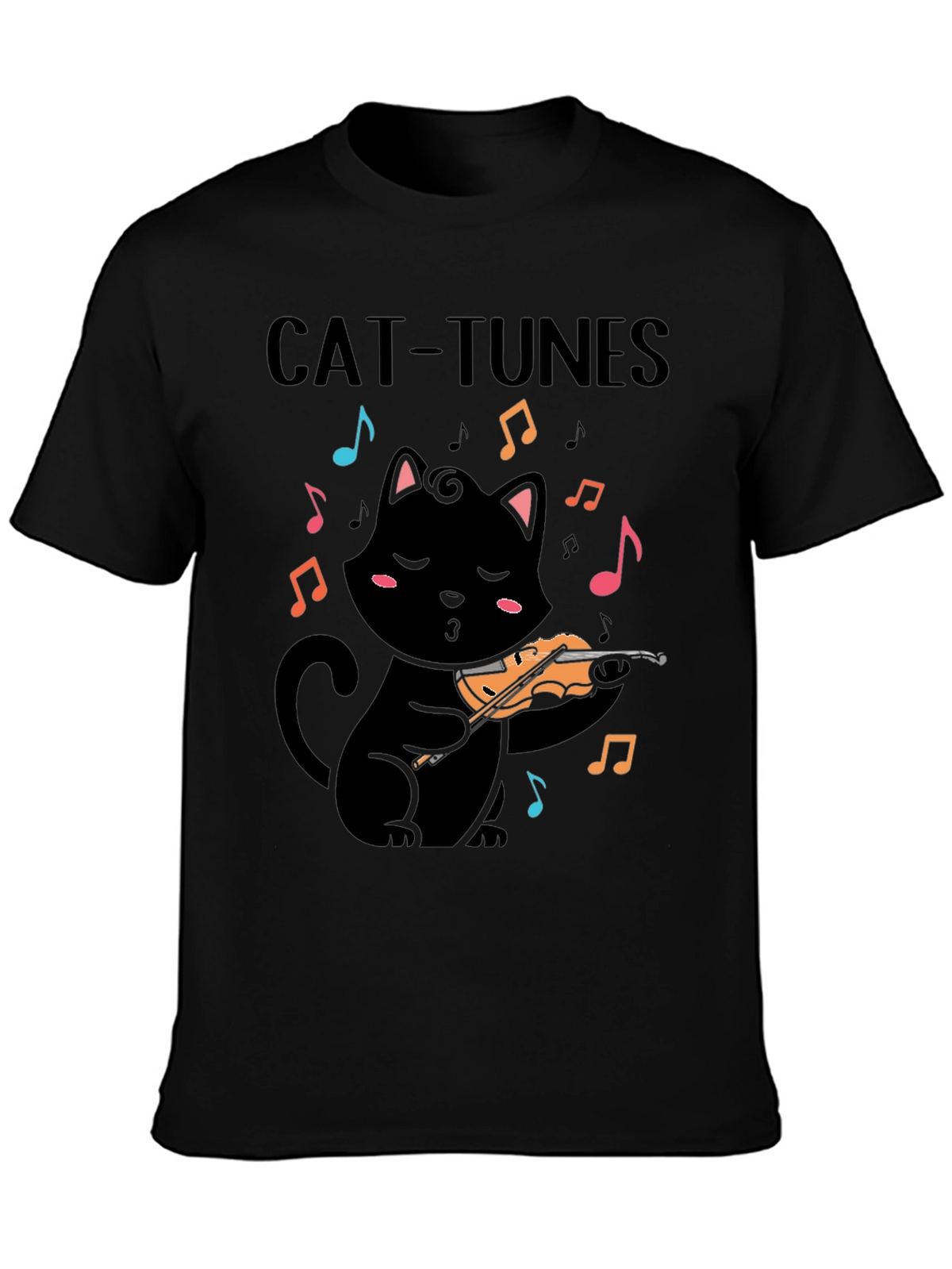 Cat-Tunes Black T-Shirt: Feline Violinist