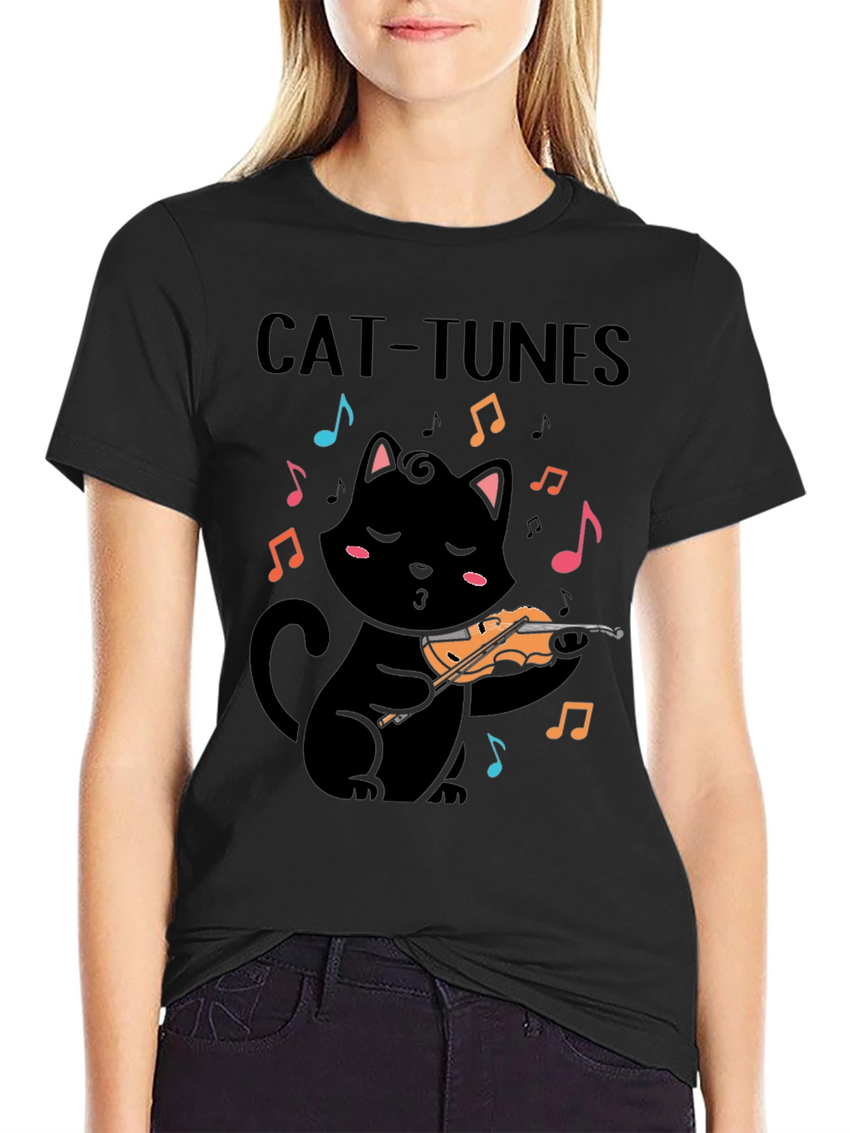 Cat-Tunes Black T-Shirt: Feline Violinist