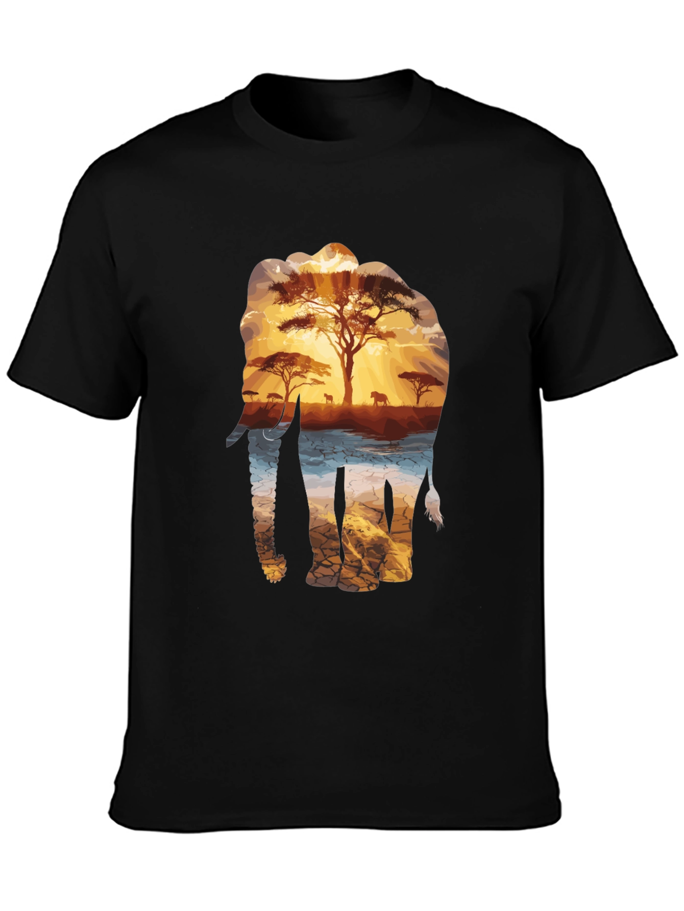 Elephant Sunset Graphic Tee - Nature Inspired Black T-Shirt